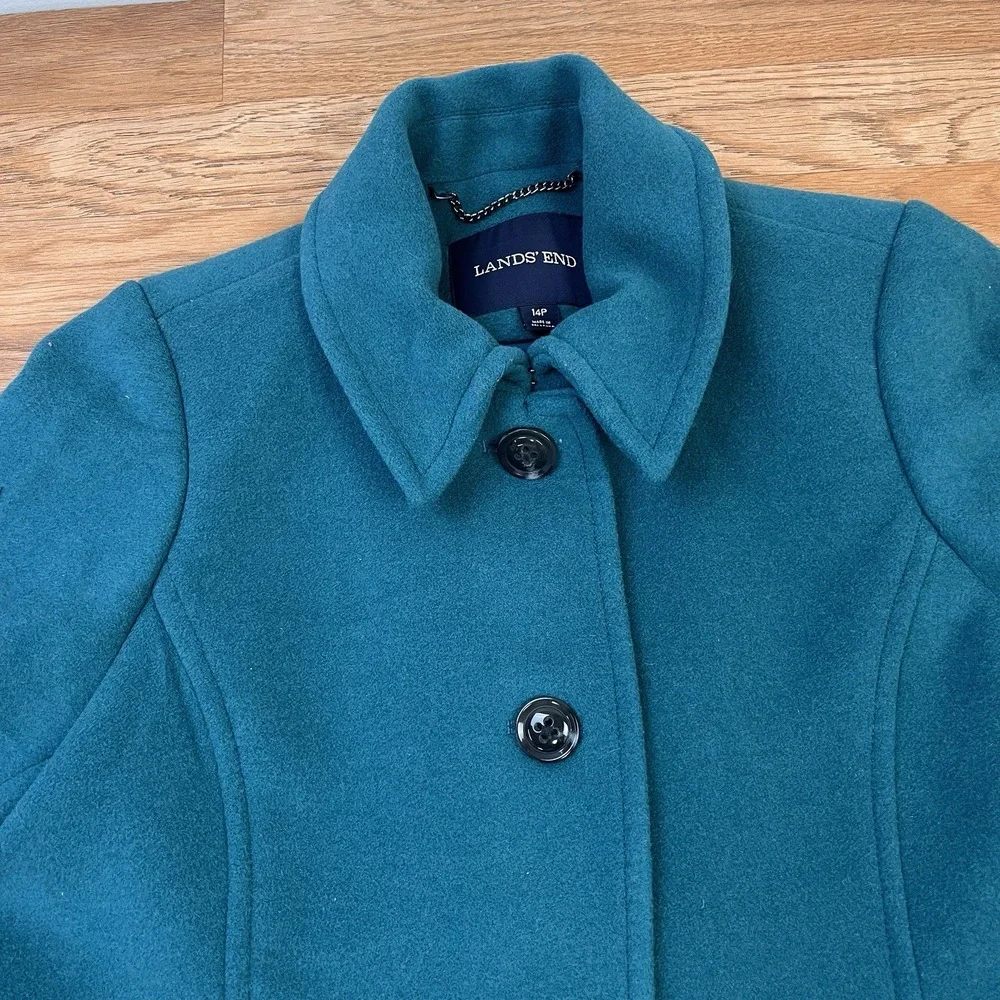 Lands' End Wool Blend Pea Coat Turquoise Women's‎ Size 14P